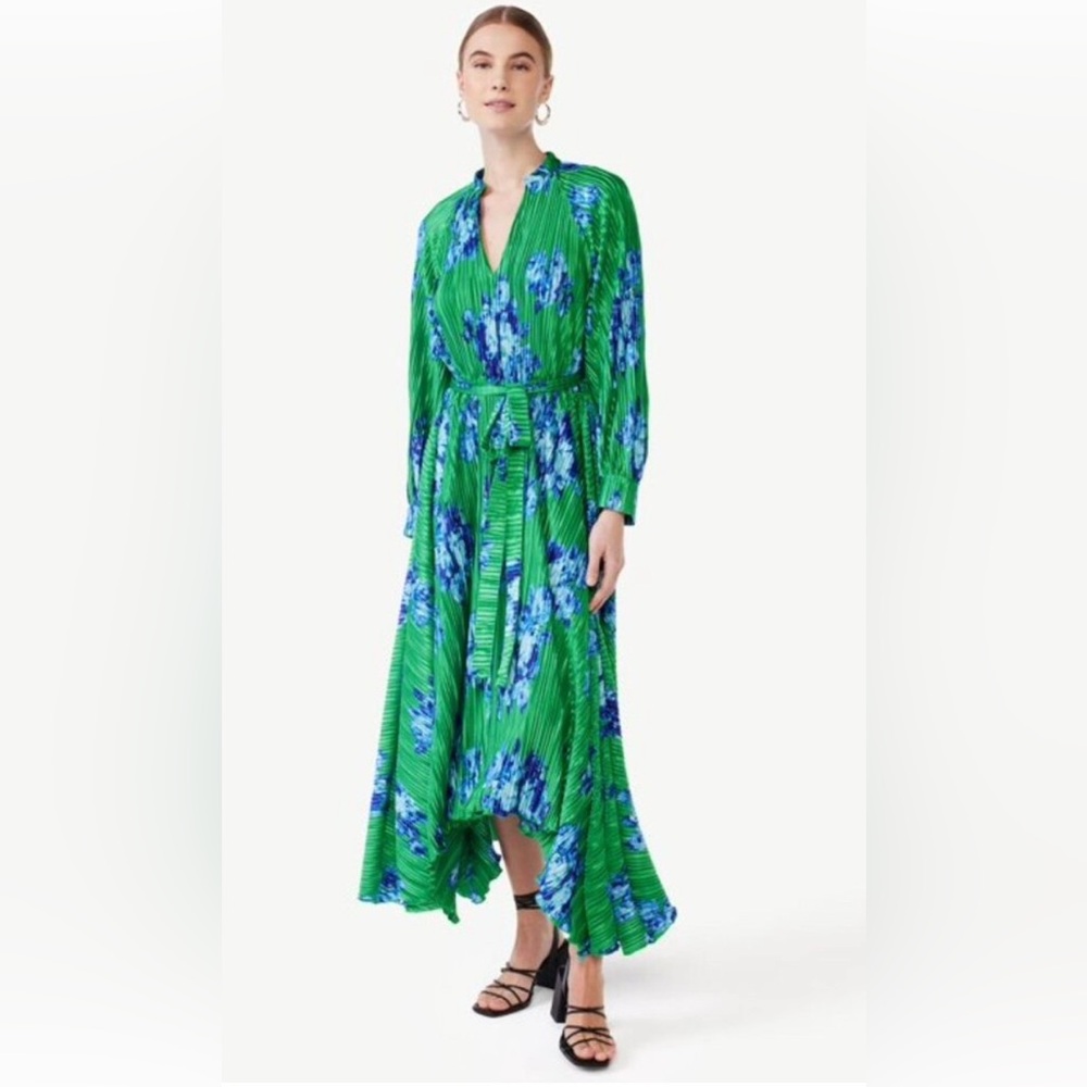 SCOOP Green Floral Handkerchief Hemmed Midi Dress, Size Large
